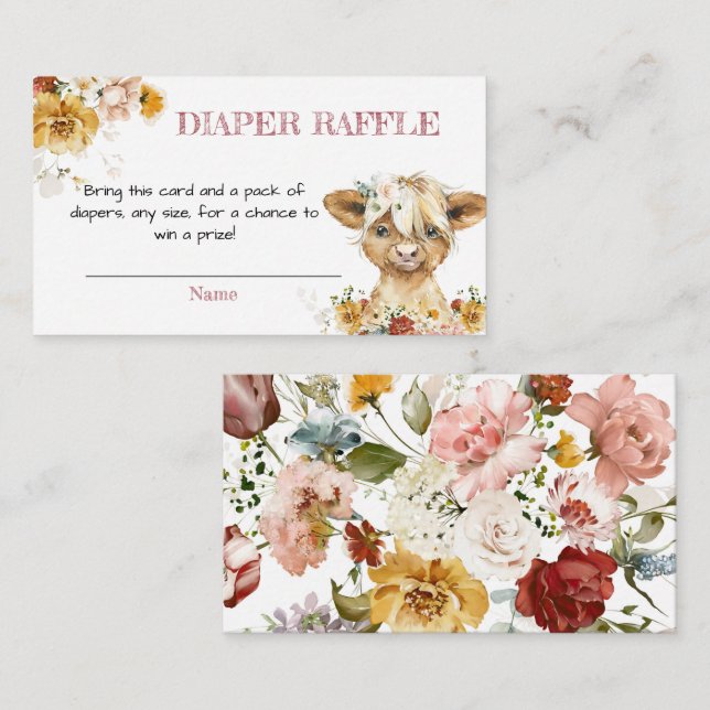 Tarjeta De Recepción Boho Floral Highland Cow Baby Shower Diaper Raffle (Anverso / Reverso)