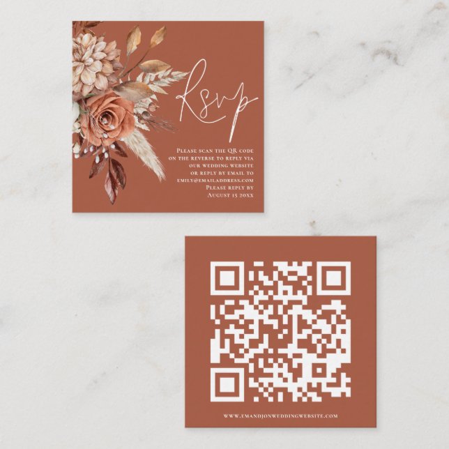 Tarjeta De Recepción Boho Florals Código QR Boda Terracotta RSVP (Anverso / Reverso)