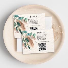 Tarjeta De Recepción Boho Green Eucalyptus Pampas Grass QR Code Boda