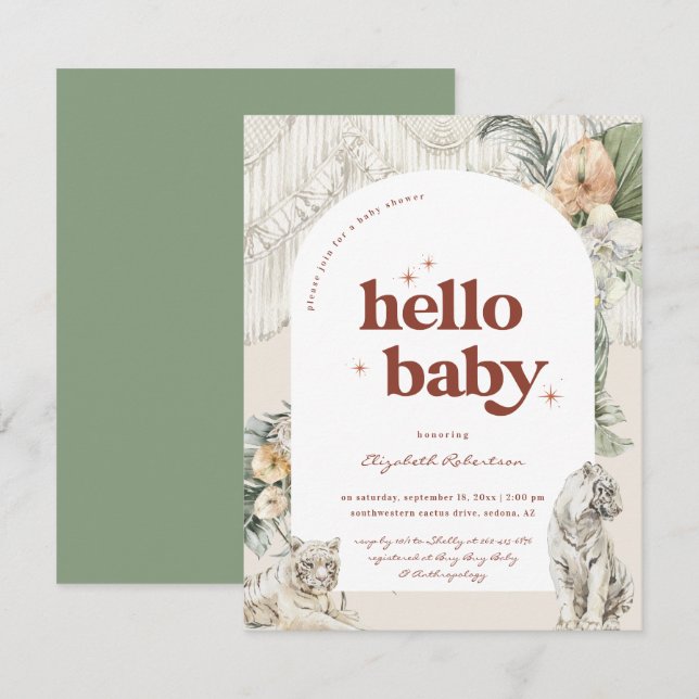 Tarjeta De Recepción Boho Macramé Tigre Verde | Shower de Bebé (Anverso / Reverso)