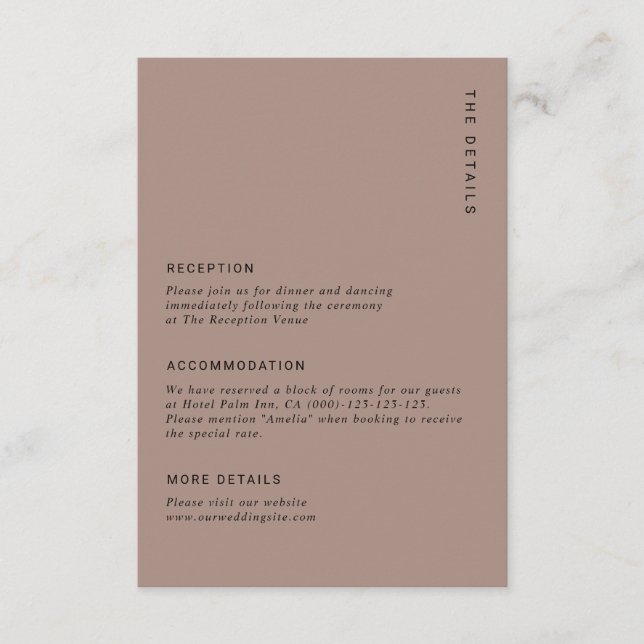 Tarjeta De Recepción Boho Minimalist Brown Modern Wedding Details (Anverso)