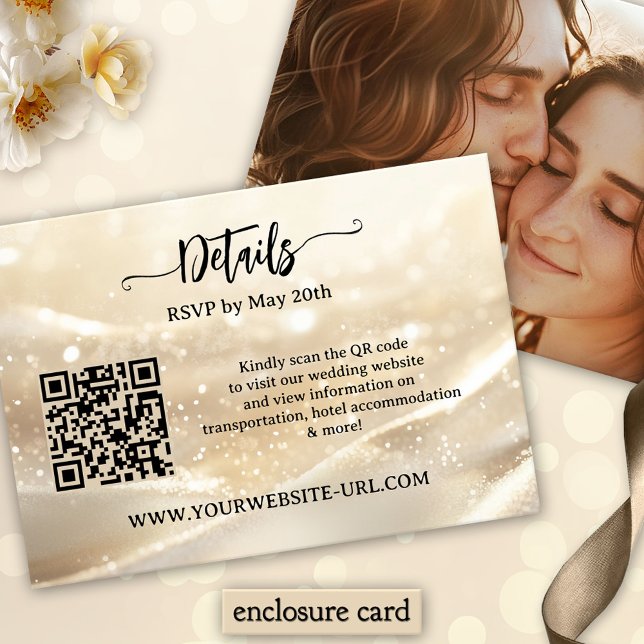 Tarjeta De Recepción Boho Moda Oro Sparkling Elegante Boda (Elegant boho chic wedding enclosure card featuring an abstract gold sparkle design, photo + QR code)