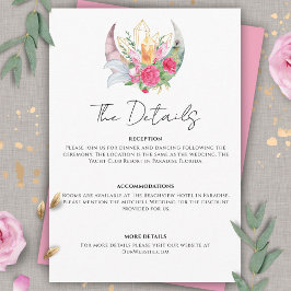 Tarjeta De Recepción Boho Moon Crystals Feathers Pink Flowers Boda