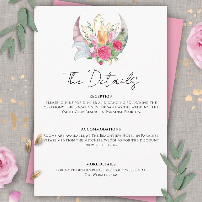 Tarjeta De Recepción Boho Moon Crystals Feathers Pink Flowers Boda (Subido por el creador)