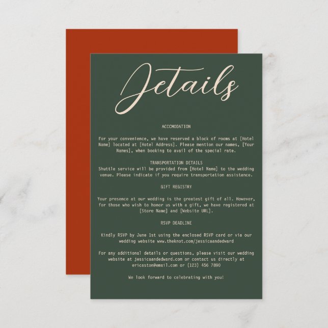 Tarjeta De Recepción Boho Naranja Green Boda Detalles del código Qr Sim (Anverso / Reverso)