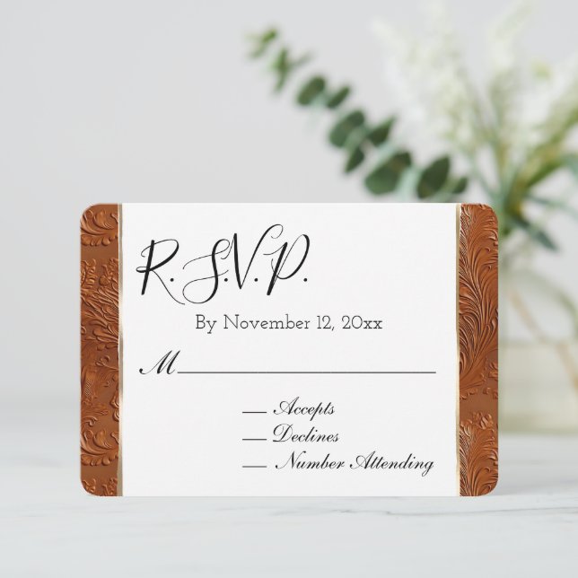 Tarjeta De Recepción Boho Occidental Tan Brown Boda de Hojas de Vaquera (Anverso de pie)