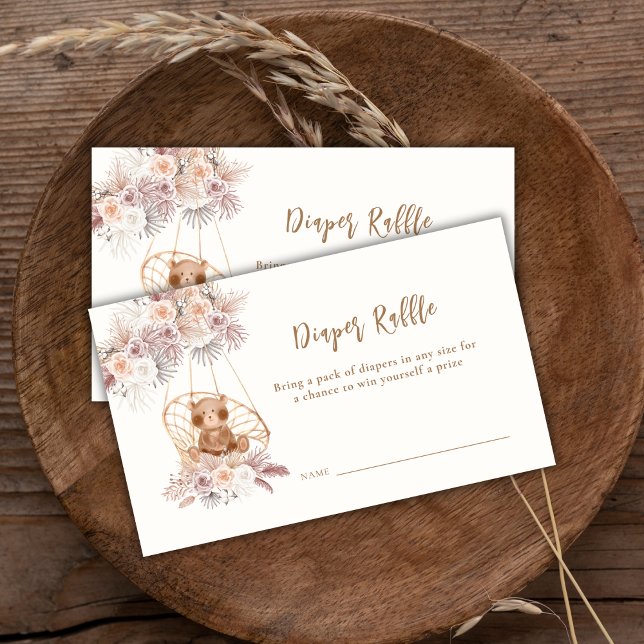 Tarjeta De Recepción Boho Pampas Floral Bear Diaper Raffle Baby Shower (Boho Pampas Floral Bear Books For Baby Shower Enclosure Card)