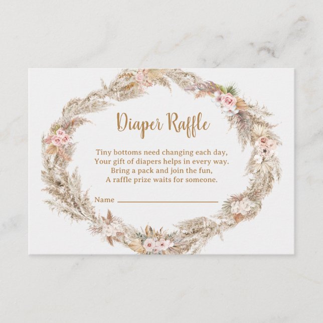 Tarjeta De Recepción Boho Pampas Grass Diaper Raffle Card | Dusty Rose (Anverso)