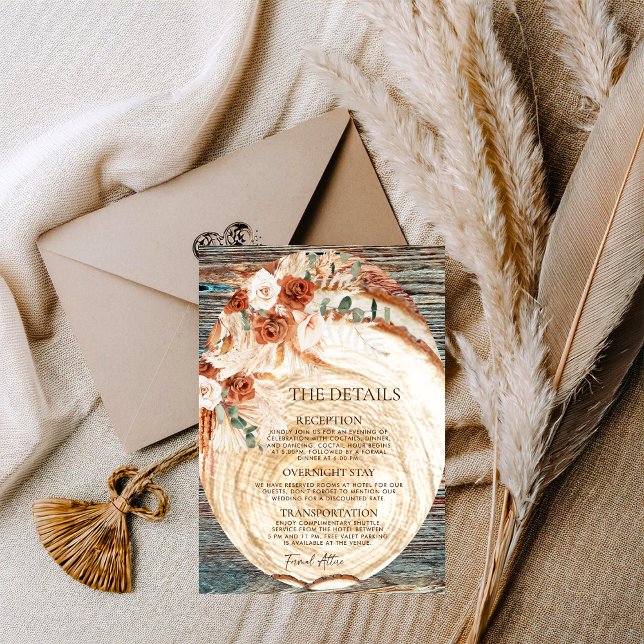 Tarjeta De Recepción Boho Pampas Wedding Details – Rustic Wood Info (Subido por el creador)