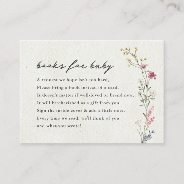 Tarjeta De Recepción Boho Pequeños libros de flores silvestres para beb (Anverso)