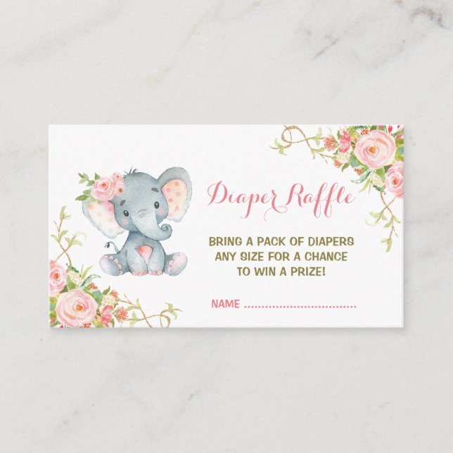 Tarjeta De Recepción Boho Pink Floral Elephant Diaper Raffle Ticket (Anverso)
