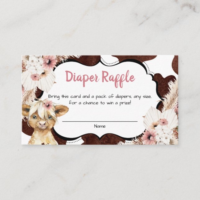 Tarjeta De Recepción Boho Pink Floral Highland Cow Diaper Raffle (Anverso)