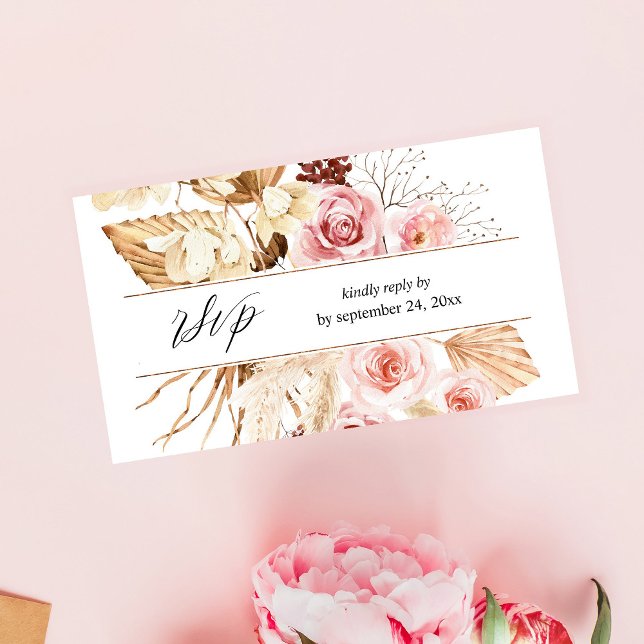Tarjeta De Recepción Boho Pink Floral & Pampas Grass 2SM Comida RSVP (Subido por el creador)