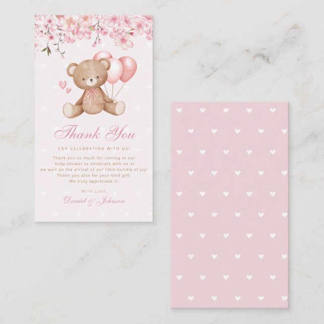 Tarjeta De Recepción Boho Pink Floral Teddy Bear Baby Shower Gracias (Anverso / Reverso)