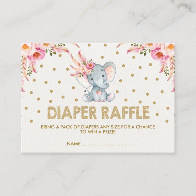 Tarjeta De Recepción Boho Pink Flowers Elephant Diaper Raffle Ticket (Anverso)
