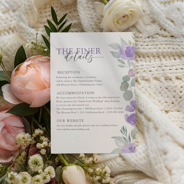 Tarjeta De Recepción Boho Purple Floral Wedding Details  (Subido por el creador)