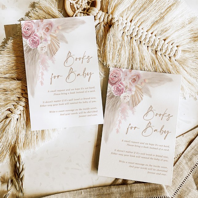 Tarjeta De Recepción Boho rosado Beige Pampas Floral Books para bebé (Subido por el creador)