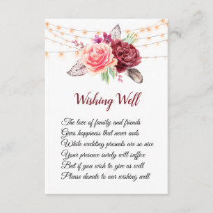 Tarjeta De Recepción Boho Rosas Feathers Luces Boda Desear Bien