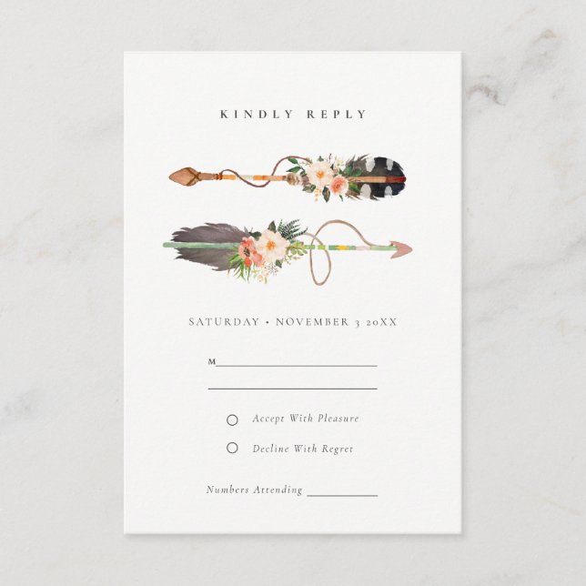 Tarjeta De Recepción Boho Rústico Feather Floral Arrow Wedding RSVP (Anverso)
