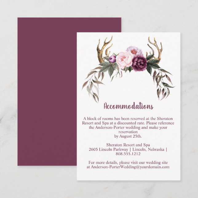 Tarjeta De Recepción Boho Rústico Peonías Moradas y Cuerna (Anverso / Reverso)