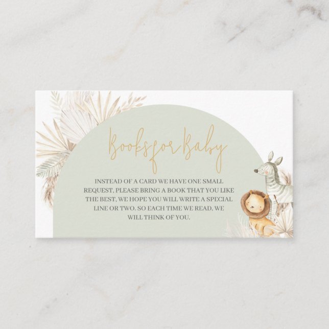 Tarjeta De Recepción Boho Sage Green Safari: Libros de Baby Shower para (Anverso)