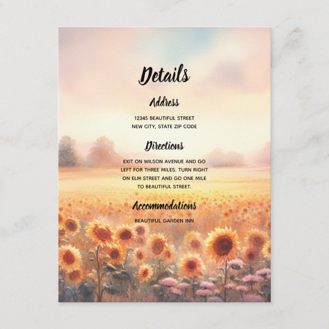 Tarjeta De Recepción Boho Sunflower Rustic Watercolor Country Wedding (Anverso)