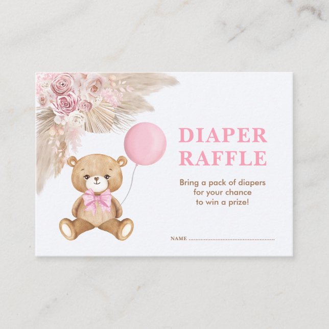 Tarjeta De Recepción Boho Teddy Bear Baby Pink Balloon Diaper Raffle (Anverso)