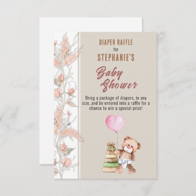 Tarjeta De Recepción Boho Teddy Bear Baby Shower Diaper Raffle (Anverso / Reverso)