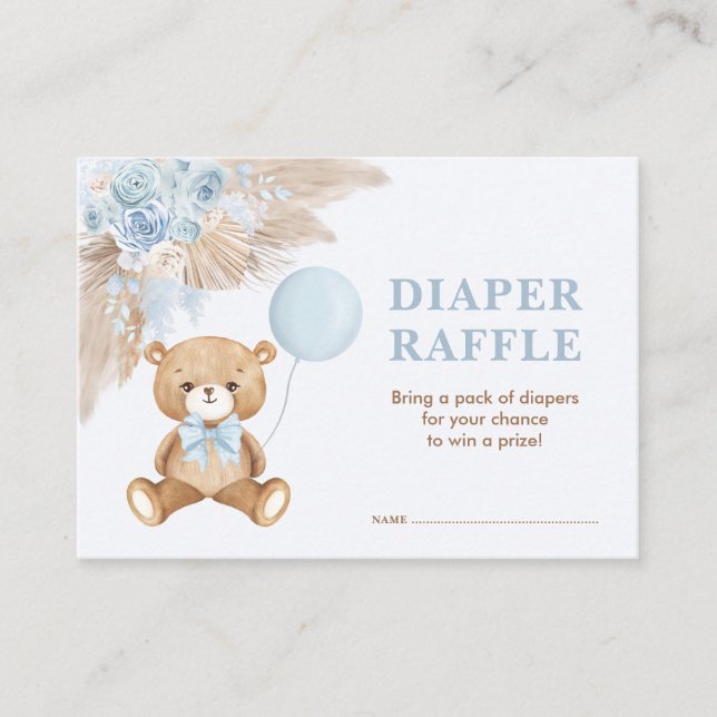 Tarjeta De Recepción Boho Teddy Bear Blue Balloon Diaper Raffle (Anverso)