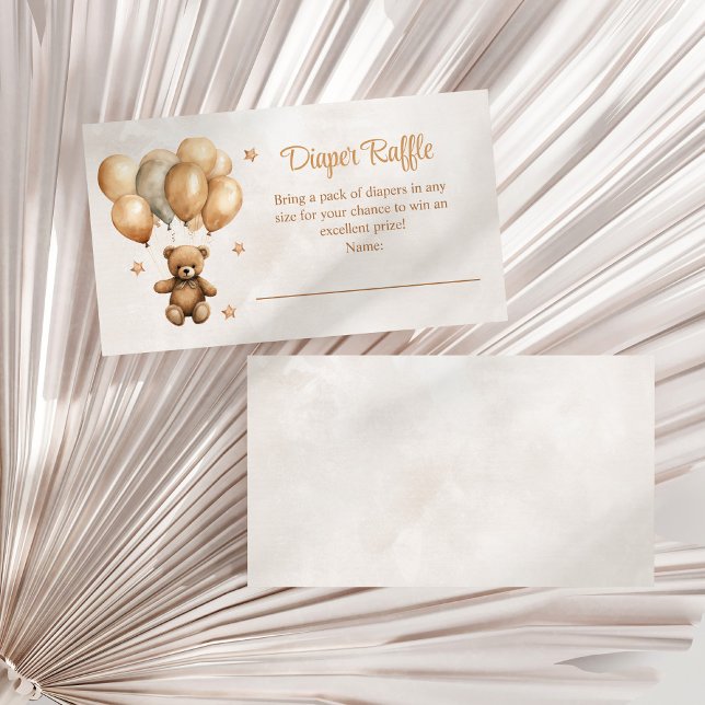 Tarjeta De Recepción Boho Teddy Bear con globos Diaper Raffle (Boho Teddy Bear with Balloons Diaper Raffle Enclosure Card on a white dry palm leaf.)