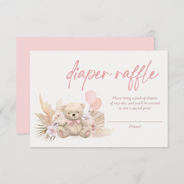 Tarjeta De Recepción Boho Teddy Bear Pink Baby Shower Diaper Raffle (Anverso / Reverso)