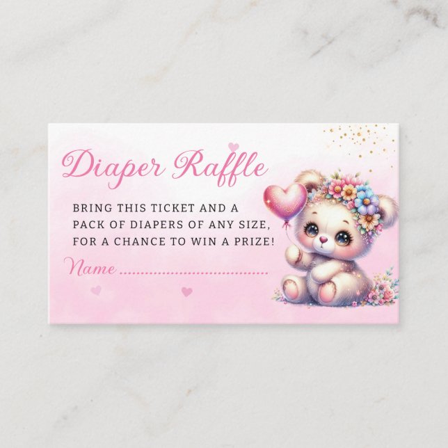Tarjeta De Recepción Boho Teddy Bear Pink Baby Shower Diaper Raffle (Anverso)