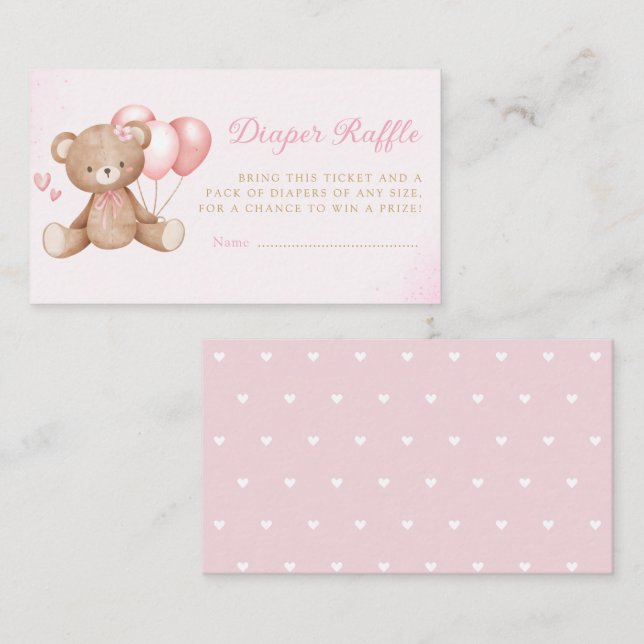 Tarjeta De Recepción Boho Teddy Bear Pink Baby Shower Diaper Raffle (Anverso / Reverso)