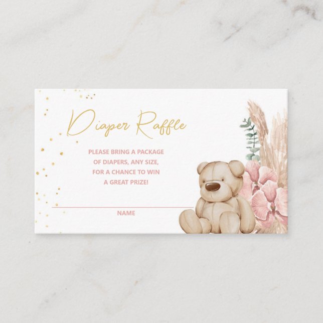 Tarjeta De Recepción Boho Teddy Oso Rosado y Diaper Dorado Raffle (Anverso)
