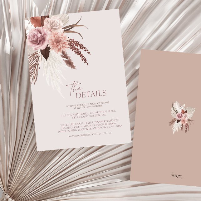 Tarjeta De Recepción Boho Terracotta Boda floral seco neutro (Boho Dusty Pink Dried Flowers Wedding Details Enclosure Card)