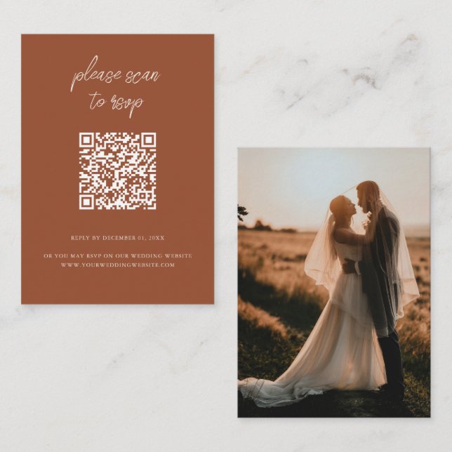 Tarjeta De Recepción Boho Terracotta Código QR Boda RSVP (Anverso / Reverso)