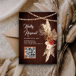 Tarjeta De Recepción Boho Terracotta Maroon Floral QR Código RSVP Boda