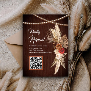 Tarjeta De Recepción Boho Terracotta Maroon Floral QR Código RSVP Boda