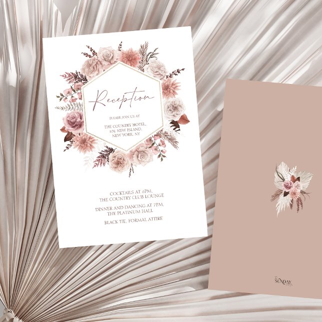 Tarjeta De Recepción Boho Terracotta Neutral Boda de la guirnalda flora (Boho Dusty Pink Floral Wreath Wedding Reception Enclosure Card)