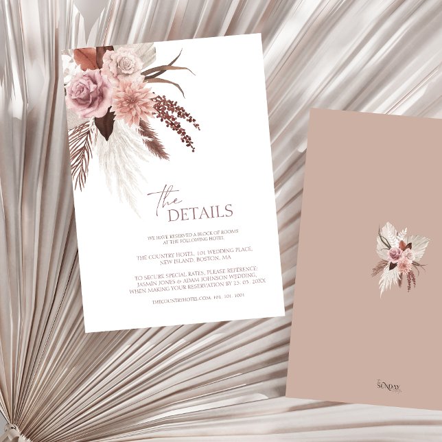 Tarjeta De Recepción Boho Terracotta Pampas Boda de Grass Floral (Boho Dusty Pink Dried Flowers Wedding Details Enclosure Card)