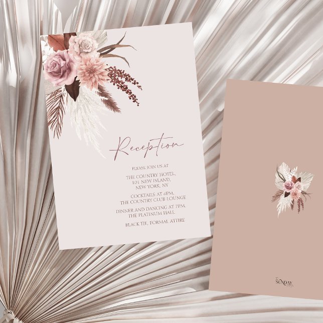 Tarjeta De Recepción Boho Terracotta Pampas Boda de Grass Floral (Boho Dusty Pink Dried Flowers Wedding Reception Enclosure Card)