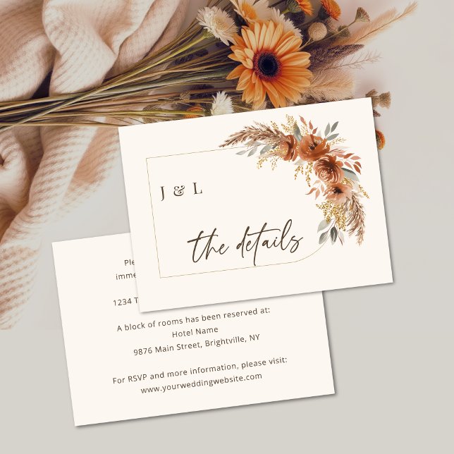 Tarjeta De Recepción Boho Terracotta Rust Fall Boda Floral QR Código (Boho Terracotta Rust Fall Floral Wedding QR Code Enclosure Card)