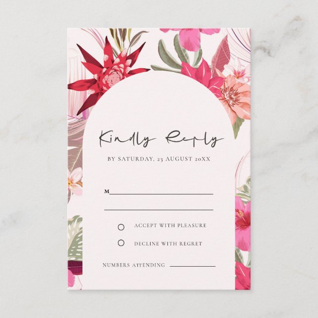Tarjeta De Recepción Boho Tropical Rojo Rubor floral Wedding RSVP (Anverso)