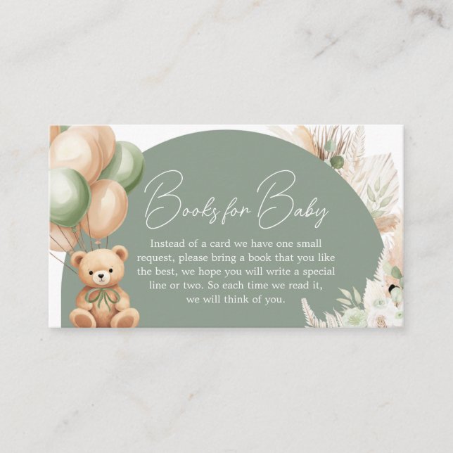 Tarjeta De Recepción Boho verde globo de oso globo Baby Shower para beb (Anverso)