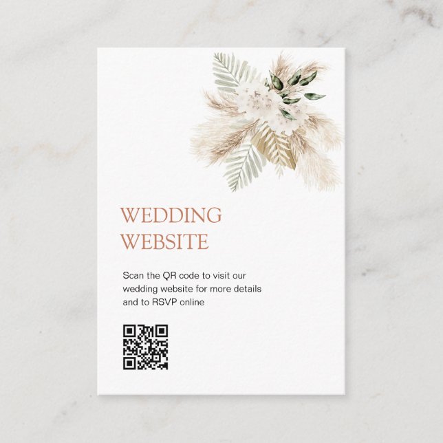 Tarjeta De Recepción Boho verde pampas césped boda de código QR sitio w (Anverso)