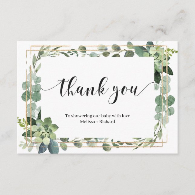 Tarjeta De Recepción Boho verde succulento hojas de oro bebé ducha (Anverso)