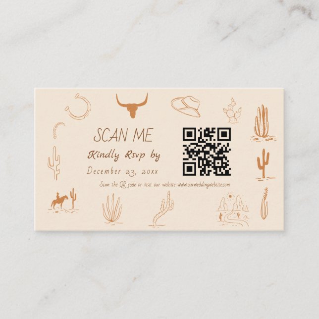Tarjeta De Recepción Boho Western Cowboy Illustration Wedding Scan Me  (Anverso)