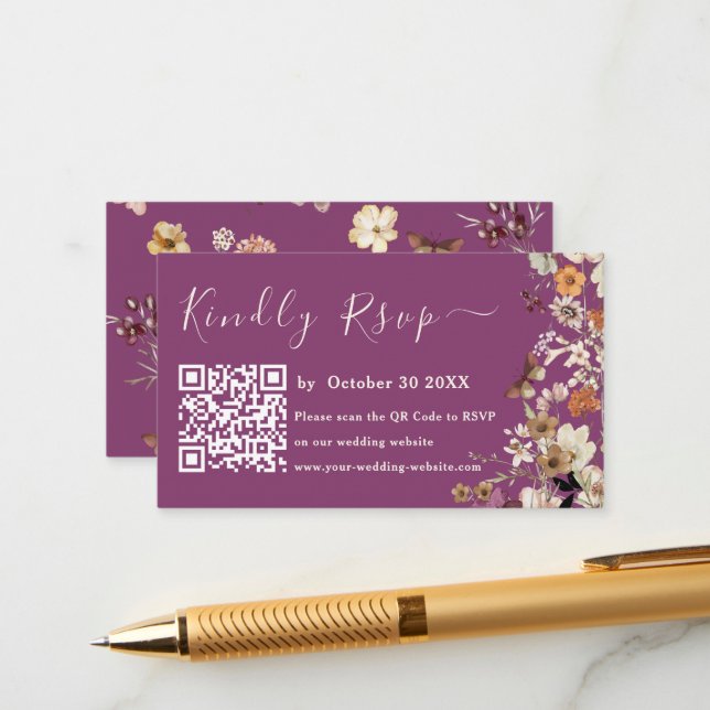 Tarjeta De Recepción Boho Wildflower Rustic Berry Purple Wedding Rsvp (Anverso/Reverso In Situ)