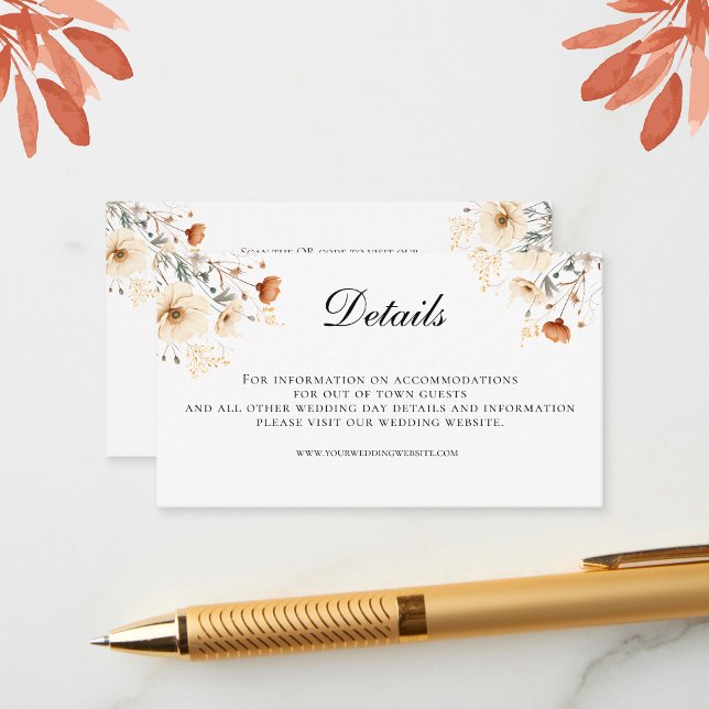 Tarjeta De Recepción Boho Wildflowers Beige Boda de código QR Detalles (Boho Wildflowers in shades of beige rust and terracotta Wedding details enclosure card)