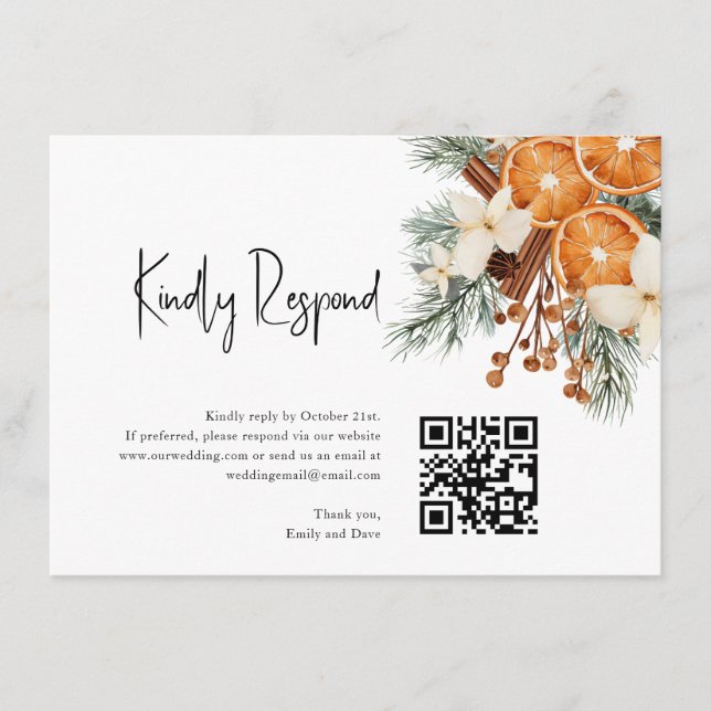 Tarjeta De Recepción Boho Winter RSVP Boda QR CODE (Anverso)